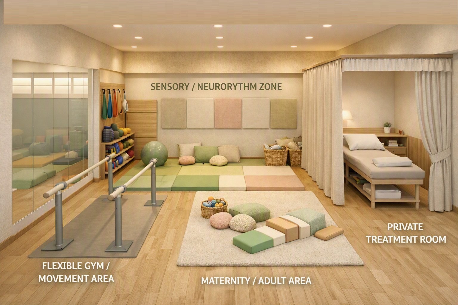 Inside the lab: a flexible gym and movement area, a sensory and NeuroRhythm zone, a maternity and adult area, and a private treatment room